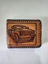 Vintage Hand Tooled Genuine Leather Bifold Wallet 4WD Pickup Truck USA