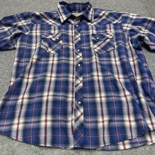 Wrangler Wrancher Shirt Men's 2X XXL Pearl Snap Blue Plaid Casual Rodeo Cowboy