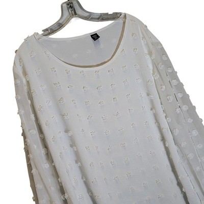 Shein Curve White Swiss Dot Pom Pom Long Balloon Sleeve Blouse Plus Size 4XL