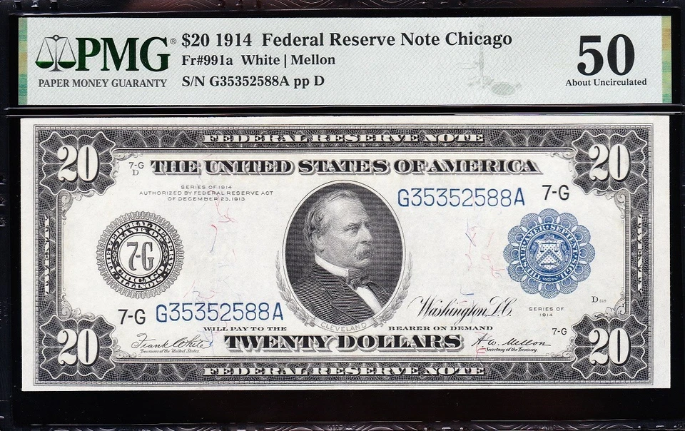 AWESOME Crisp HIGH GRADE 1914 $20 CHICAGO FRN Note! PMG 50! FREE SHIP! 52588A - Image 2 of 3