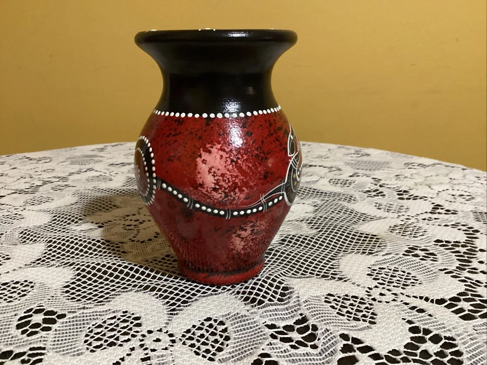 Australian Made Water Hole Dreaming Red & White Dotted Snake Design Vase - Image 3 of 4