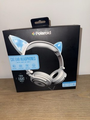 New Polaroid Cat Ear Headphones White Gray Light-Up Ears Stereo Sound Bass Boost