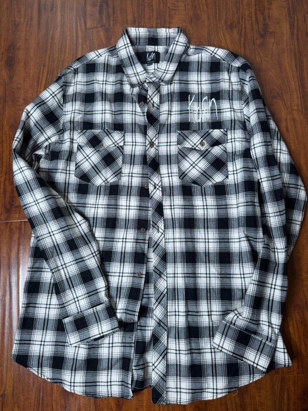 Korn Drip Logo Flannel Long Sleeve Shirt Mens Rock Band Tee Black White Sz 2XL
