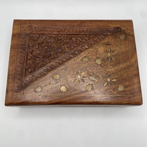 Vintage handmade Indian Rosewood jewelry box floral Hand Carved Copper Inlay - Picture 1 of 10