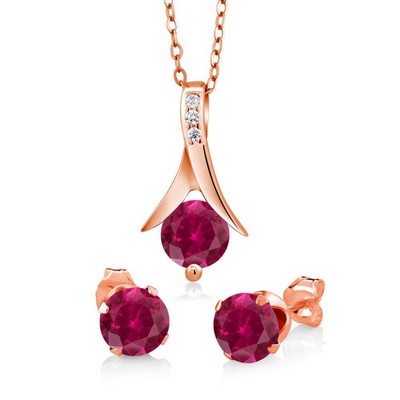 18K Rose Gold Plated Silver Created Ruby Pendant and Earrings Jewelry Set For