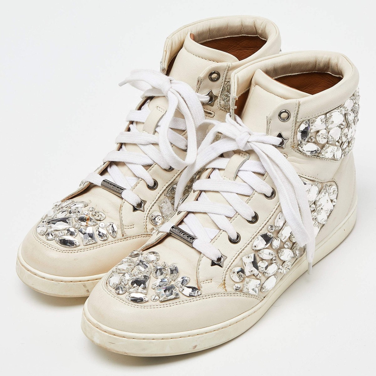 JIMMY CHOO ホワイト スニーカー Jimmy Choo White Leather Tokyo Crystal Embellished High Top