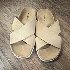 ALDO Beige Leather Slip-On Slide Sandals w/ S...