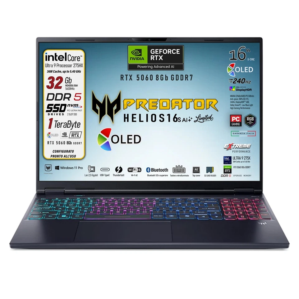 Acer Predator Helios Neo 16s AI, Ultra9, Oled 240Hz  1TB, 32GB, RTX5060, W11 Pro - Immagine 2 di 4
