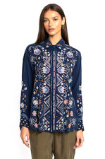 Johnny Was McKenzie Heavily Embroidered Button-Down LS Blouse Size M Blue EUC