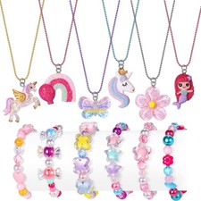 12 Pcs Kids Bracelet Necklace Set - Unicorn Mermaid Beaded Jewelry for Girls