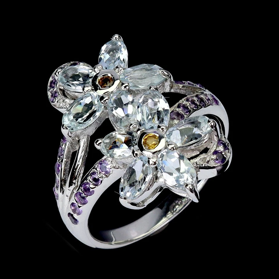 925 Sterling Silver Ring Oval Aquamarine Amethyst Gemstone Jewelry Size 8.5 - Image 2 of 4