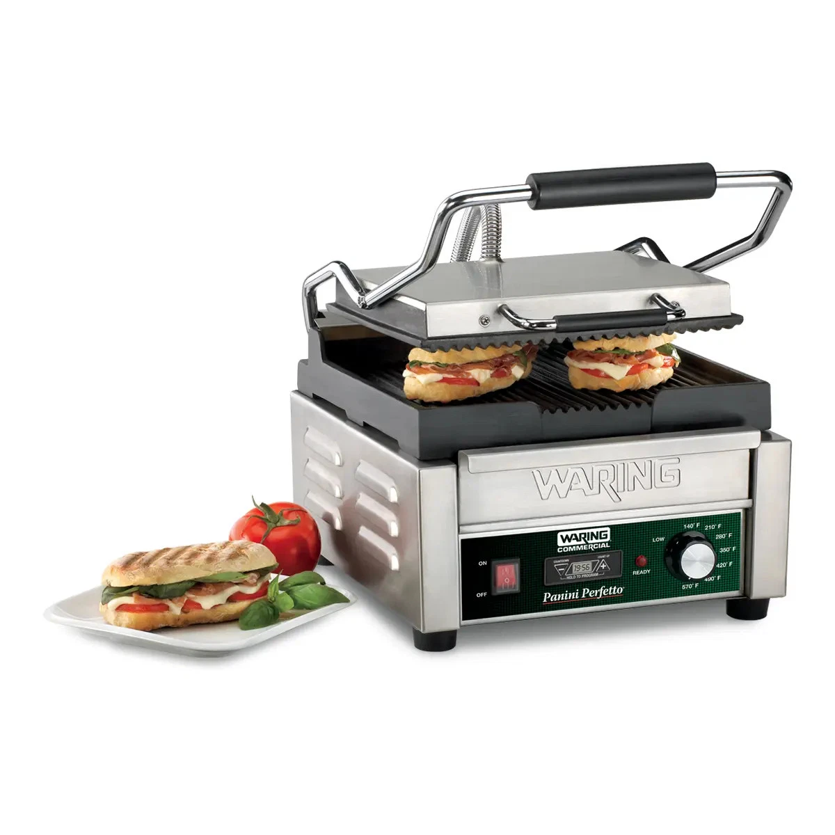Waring WPG150T 9.75in x 9.25in Ribbed Sandwich Panini Grill w/ Timer 120v