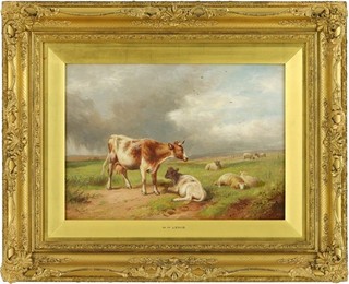 Cows and Sheep Landscape Antique Oil Painting by William Henry Lewis (1817–1879)