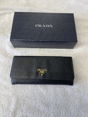 PRADA Saffiano Leather Bifold Long Wallet Credit Card/ID Holder Black  Gold