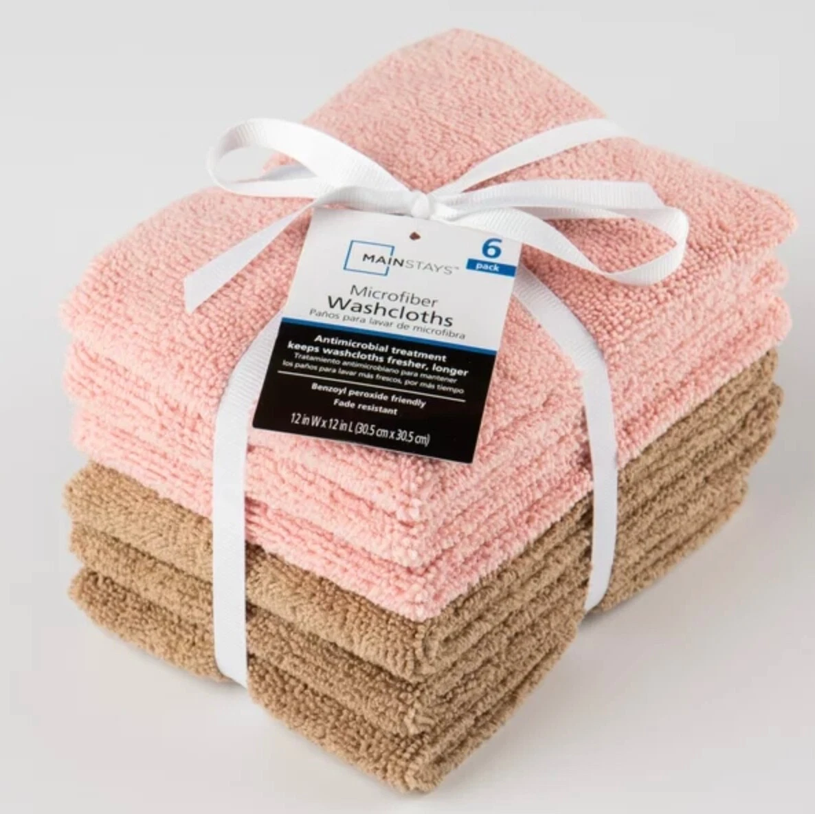 Mainstays 6-Pack Microfiber Washcloths, Benzoyl Peroxide Resistant, Pink &  Brown