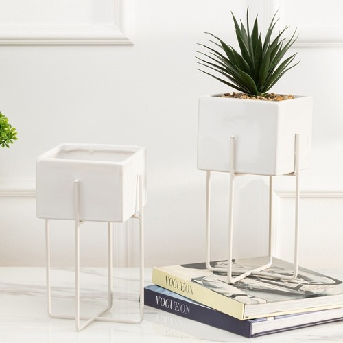 HowHomely Blumentopf Pflanzentopf mit Ständer 2er Set weiß Glamour Deko Übertopf - Bild 9 von 9