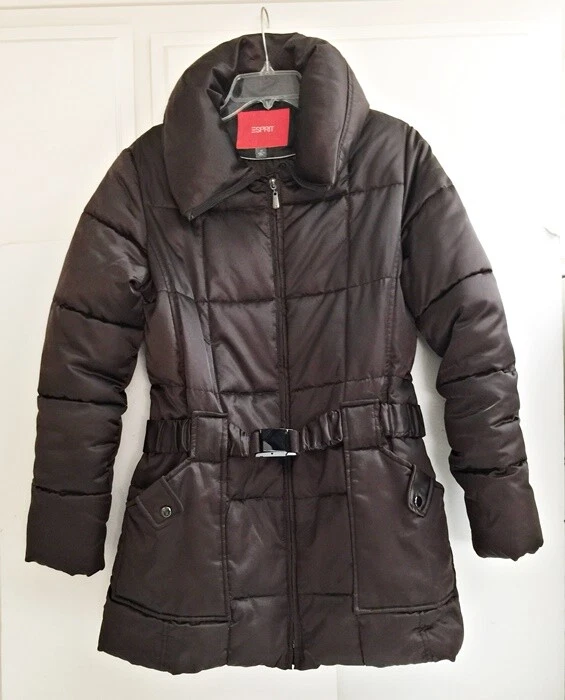 Esprit Womens Puffer Jacket Padded Quilted Chocolate Brown Belt Pockets  Coat M