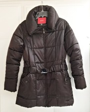 Esprit Womens Puffer Jacket Padded Quilted Chocolate Brown Belt Pockets Coat M