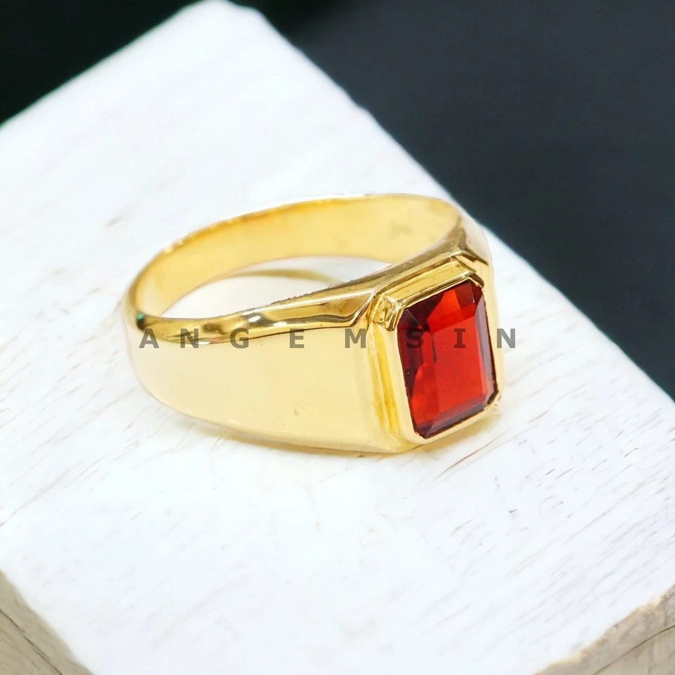 Piedras preciosas de rubí con anillo chapado en oro de plata de ley 925 para hombre #BL51 Foto 4 de 4