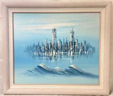 H. Durant Oil Painting Modern Skyline Seascape Mid Century 1960s Blue Tones