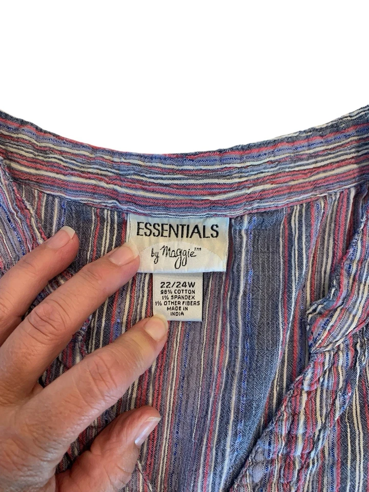 Women’s 3X Button Up Top Striped Crinkle Cotton Half Sleeve Blue Boho Comfort - Image 3 of 4