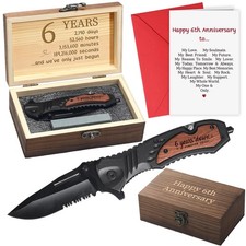 Leriton 6th Anniversary Iron Gift Engraved Folding Knife with Wood Box For Men O