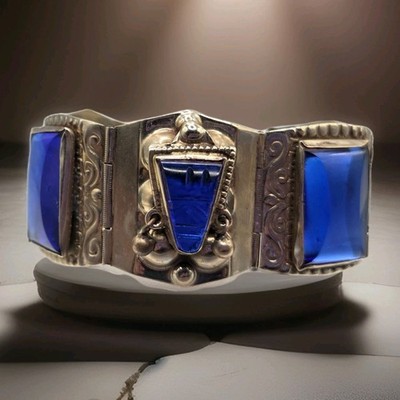 Vintage Taxco Mexiko AR blaues Glas Azteken Sterlingsilber Tennisarmband 7''