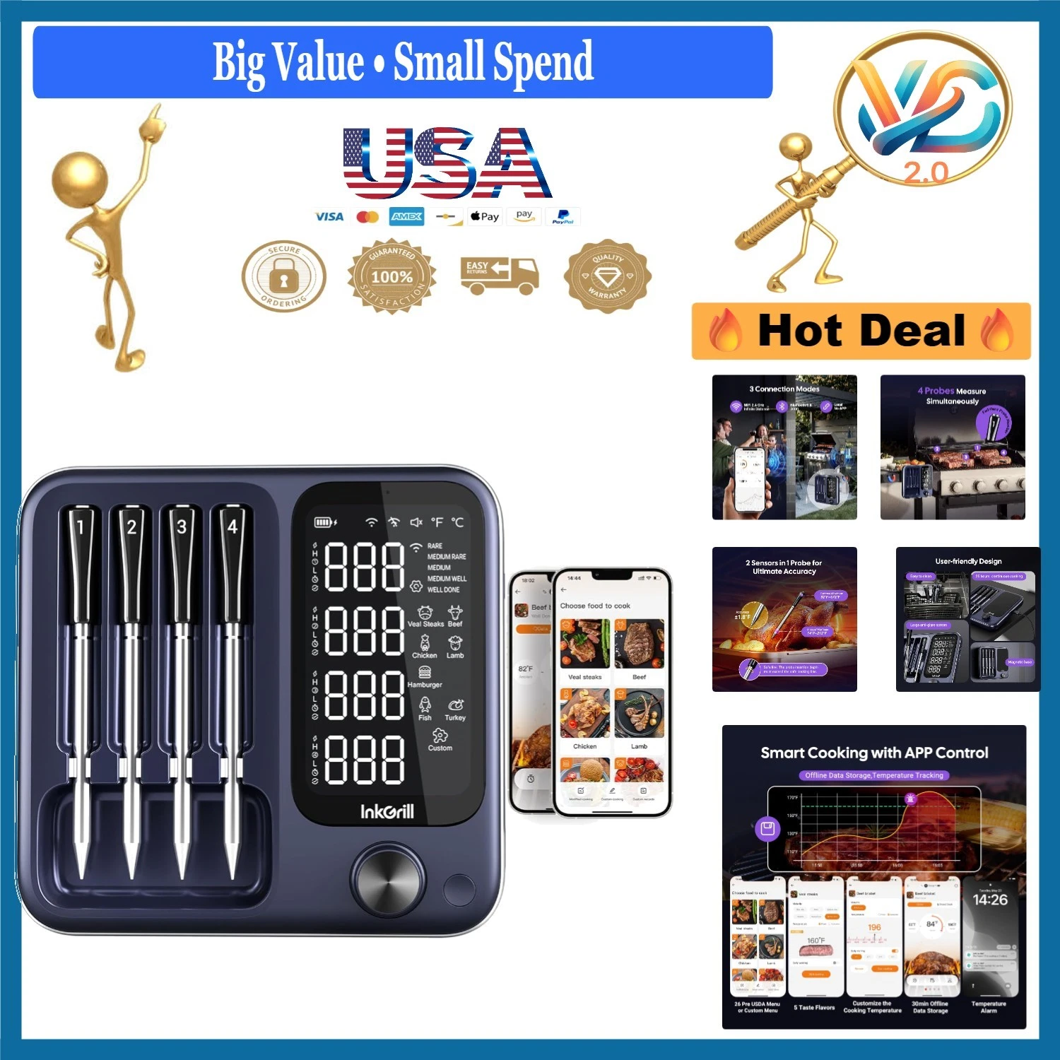 Wireless Digital Meat Thermometer with App - 4 Probes, WiFi Bluetooth
Opens in a new window or tab