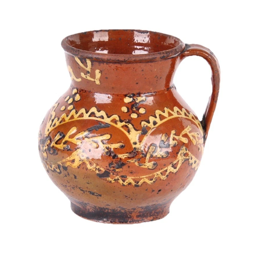 LARGE 19th CENTURY ANTIQUE CONTINENTAL REDWARE PITCH BULBOUS MUG RED WARE SLIP - Image 2 of 4