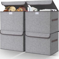 Large 22 Quart Foldable Storage Bins with Lids Gray 4 Pack Organizer
