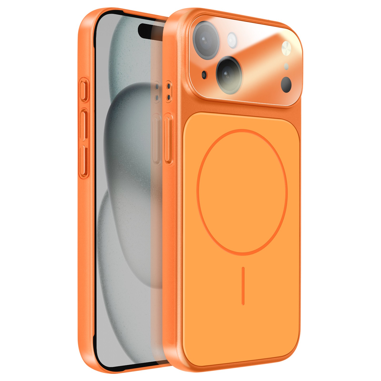 Coque rigide iPhone 15 orange pour protéger votre téléphone en voyage