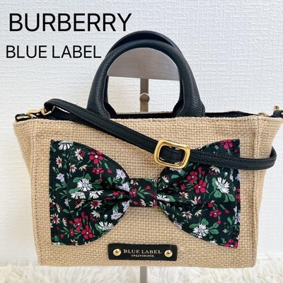 Burberry Blue Label Mini Tote Bag Straw Material Floral Ribbon