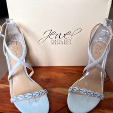 Jewel Badgley Mischka Daphne White Glitter Embellished Strappy Heels Size 8.5