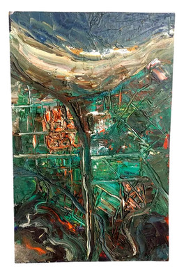 Oil Painting Raffaello Giannelli 1911-1974 ''AIRPORT STATION'' abstract 1963