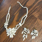 Vintage Milk Glass Beaded Necklace and Clip on Earrings Goldtone Set