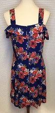 Vintage Stefano Medium Day Dress Blue Red Floral Button Up Off Shoulder 90s Y2K