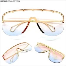 Oversized Modern Retro Shield Style SUNGLASSES Gold Frame Light Pink & Blue Lens