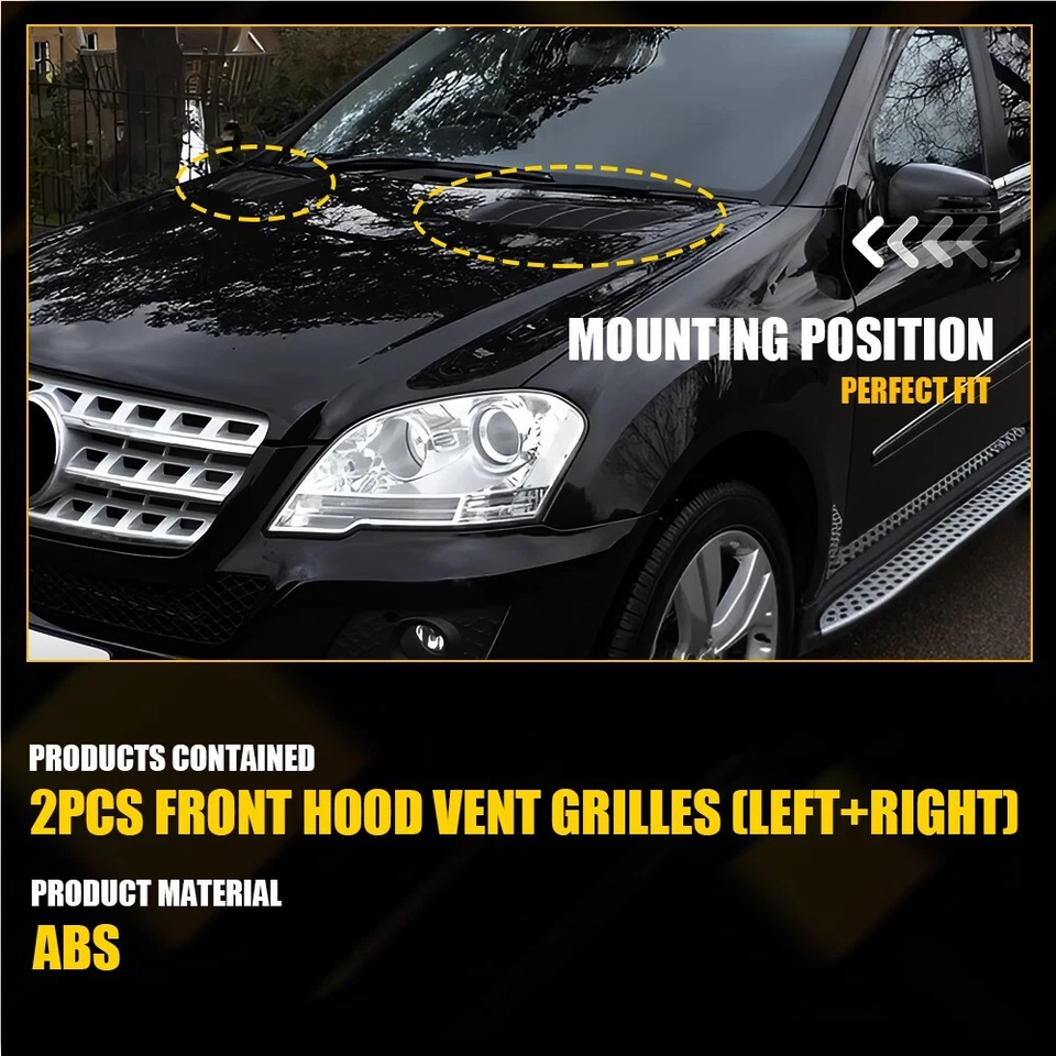 2PCS Hood Air Vent Grille Cover For 08-11 Mercedes-Benz W164 GL ML Class 350 450 - Image 3 of 4