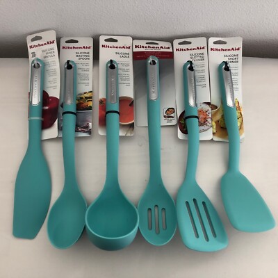 New KitchenAid Safe for NonStick Aqua Sky Silicone 6 Lifter Spoon Spatula Ladle