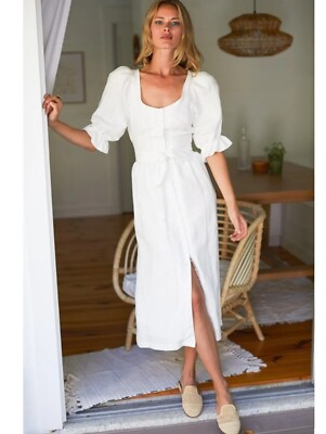 Emerson Fry Dress Meadow Puff Sleeve Ivory Linen Blend Size Large Midi |  eBay