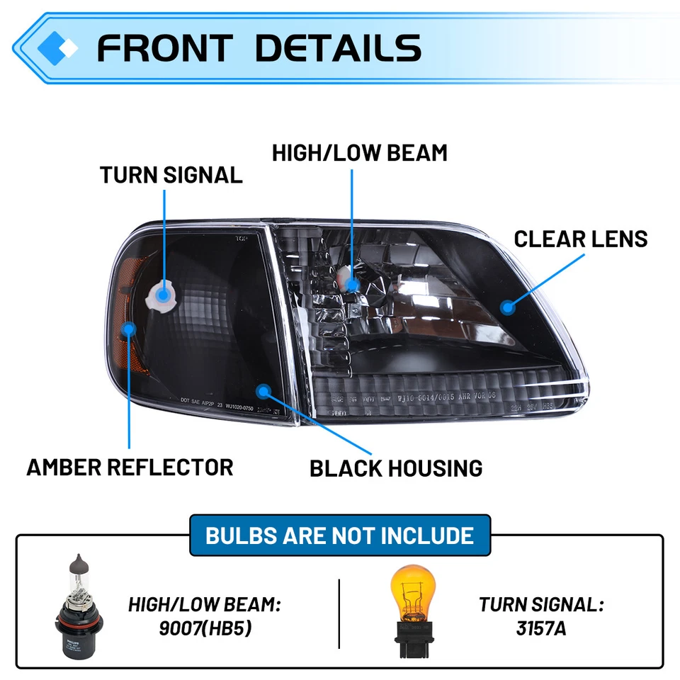Lamps For 1997-2003 Ford F-150/97-02 Expedition Headlights Headlamp Black Clear - Image 2 of 4