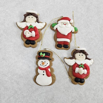 4 Gingerbread 2'' Cookie Clay Dough Christmas Ornaments Santa (2 Angels) Snowman