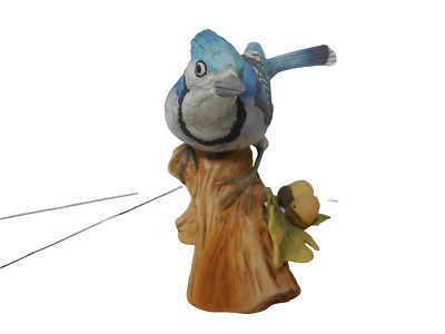 Andrea by Sadek ''Blue Jay'' #9973 Bird Porcelain Figurine on Oak Branch / Acorn