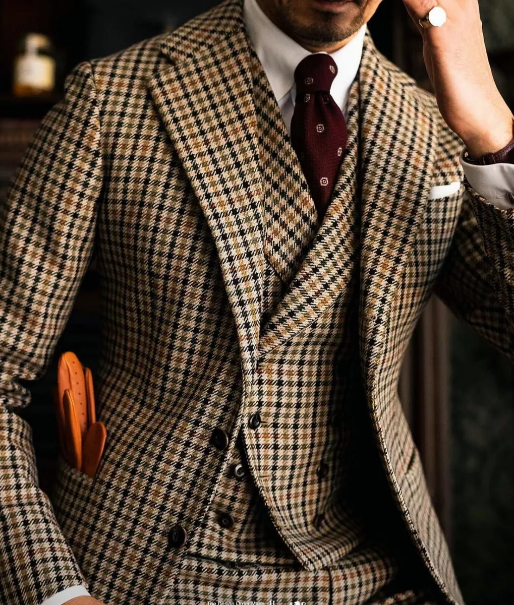 Houndstooth Men Suits 3 Pieces Business Wedding Groom Tuxedo Slim Fit Wool Blend