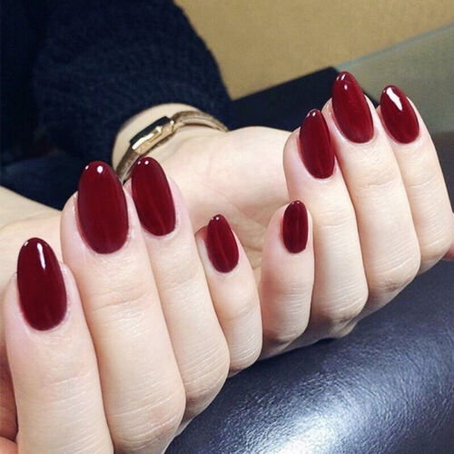 24 PCS Temperament Nature Pearl Wine Red Round Head Nail Art Fake Nails  - Picture 1 of 5