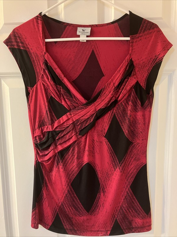 Worthington Women's Size S Maroon/Black Wrap-Design Blouse Short Sleeve Stretch