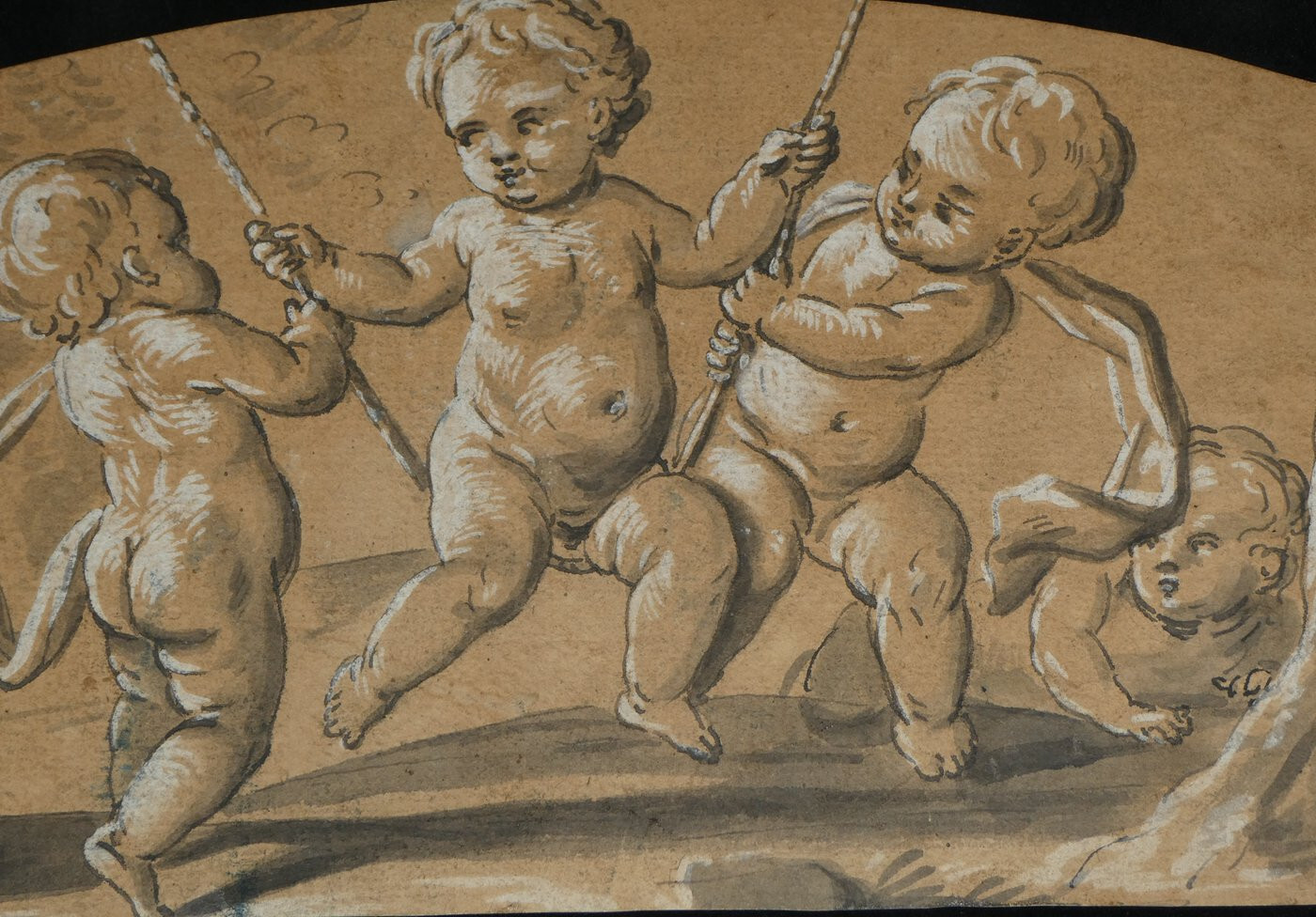 Dibujo Tinta Finales XVIII - Escena Decorativa Con Querubines Sobre Columpio