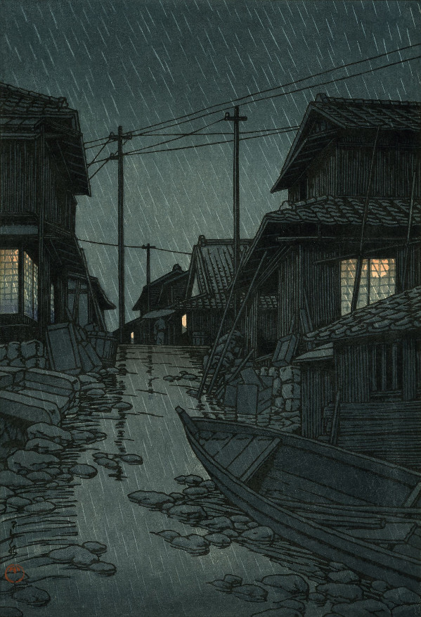 Japanese Art Woodblock Print Shin Hanga, Night Rain at Japanese Art Woodblock Print Shin Hanga, Night Rain at
