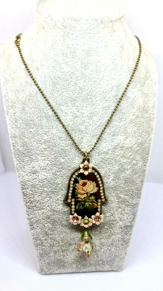 Precioso Collar Hamsa Metal Por Michal Negrin Esmalte Marrón Trabajo Con Flores. Foto 4 de 4