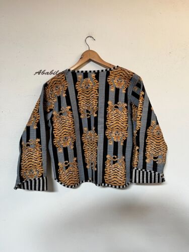 Indian Black Tiger Printed Cotton Quilted Jacket Vintage Reversible Jacket - Picture 6 of 10